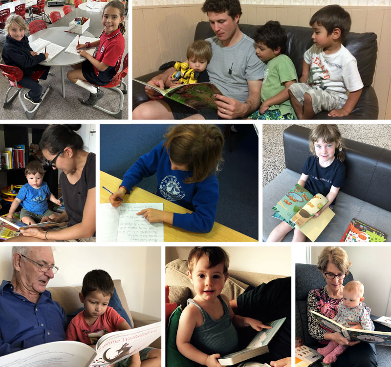 A collage of kids with parents and grandparents, enjoying reading and writing.