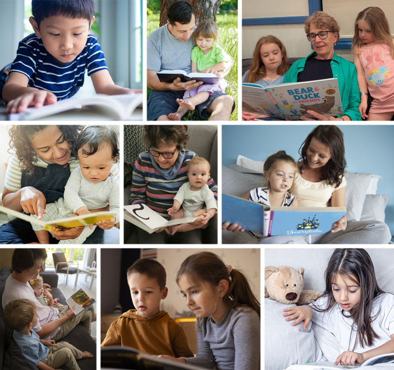 A collage of Kids and parents reading books