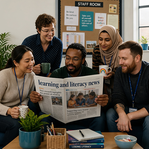 A diverse group of teachers sitting in a staff room reading a newspaper that has the headline 'learning and literacy news'